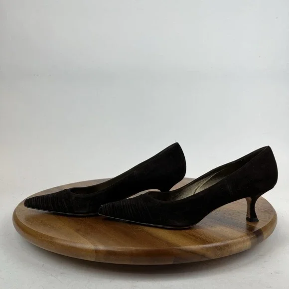 Womens Manolo Blahnik Vintage Brown Suede Pointed Kitten Heels Pumps Size 36.5